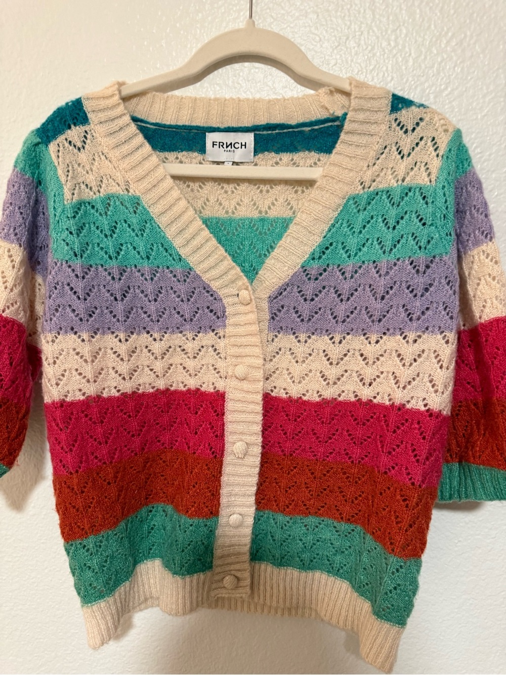 FRNCH Striped Knit Cardigan in Cream, Teal, Lavender, Pink, Red, Rust